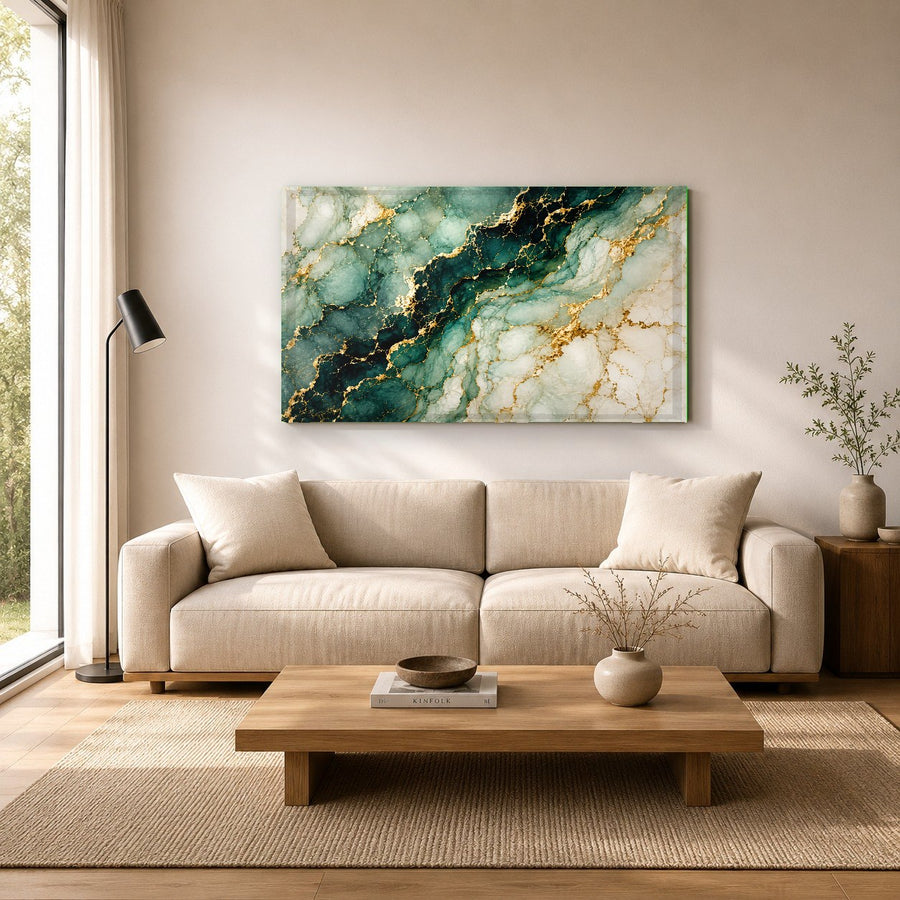 Emerald Veins abstract green and gold glass print mounted on a dark wood-paneled wall in a professional office lobby.