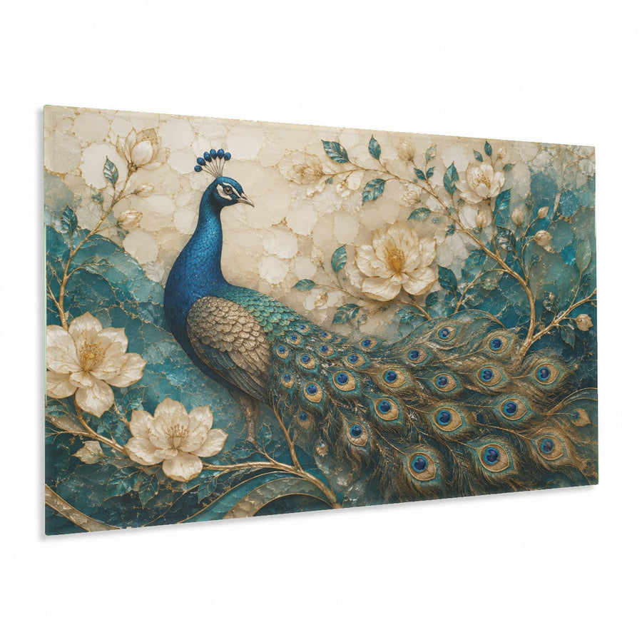 Peacock Elegance glass wall art hanging in a modern, sunlit living room above a velvet blue sofa.