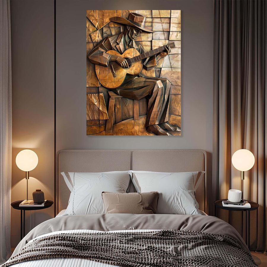 Bedroom with a large abstract painting of a musician on the wall above a bed.