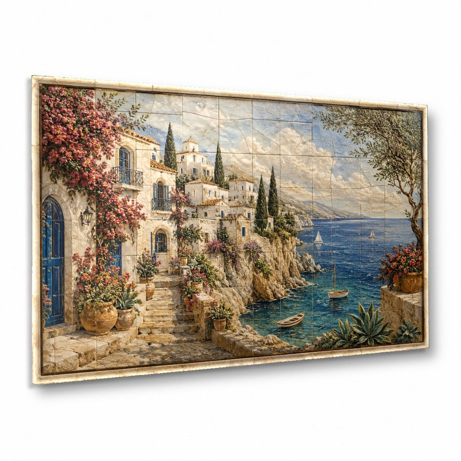 Tuscan Coastal glass wall art hanging above a modern living room sofa