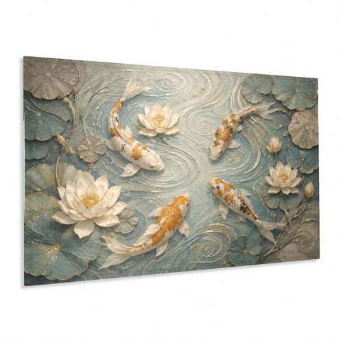 Koi Lotus glass wall art hanging in a modern, sunlit living room above a cream-colored sofa.