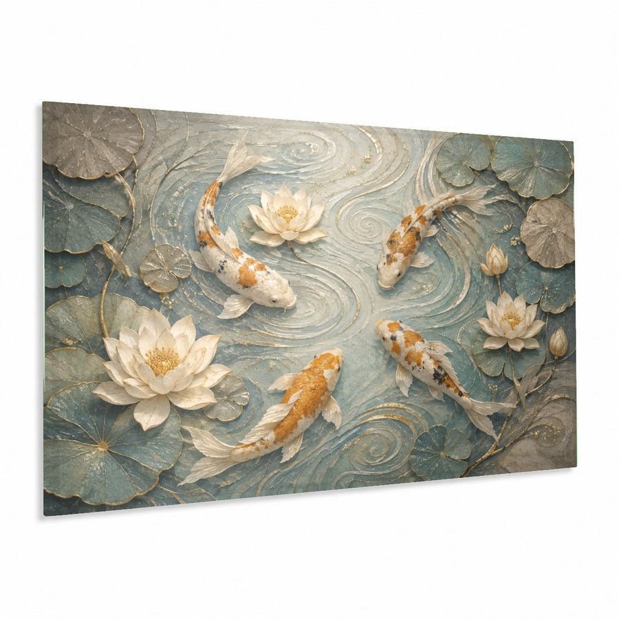 Koi Lotus glass wall art hanging in a modern, sunlit living room above a cream-colored sofa.