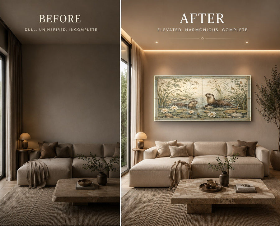 Wildlife glass wall art displayed in a minimalist bedroom with warm accent lighting
