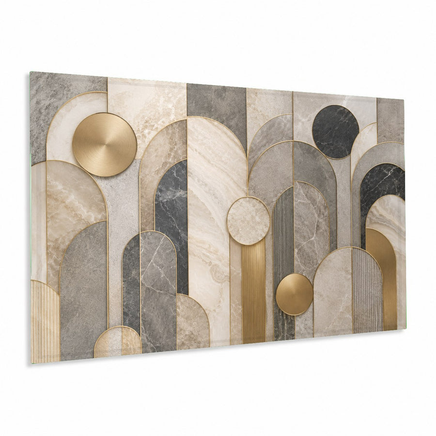 Modern Marble Arches glass wall art hanging centrally above a beige sofa in a minimalist living room.