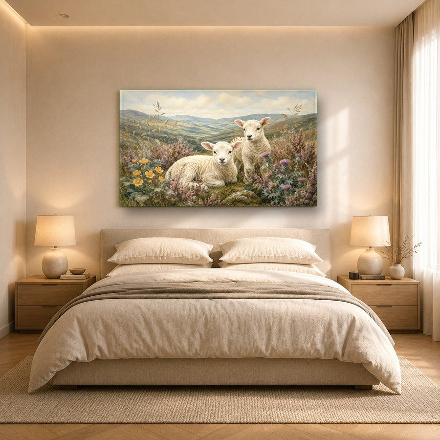 Peaceful pasture lambs art piece showcased in a warm, welcoming entryway