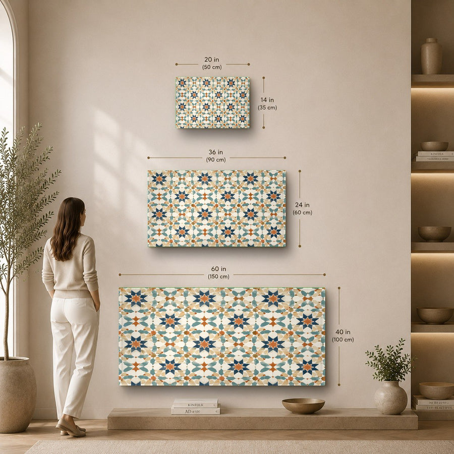 Abstract mosaic print displayed on a textured accent wall in a boutique hotel lobby