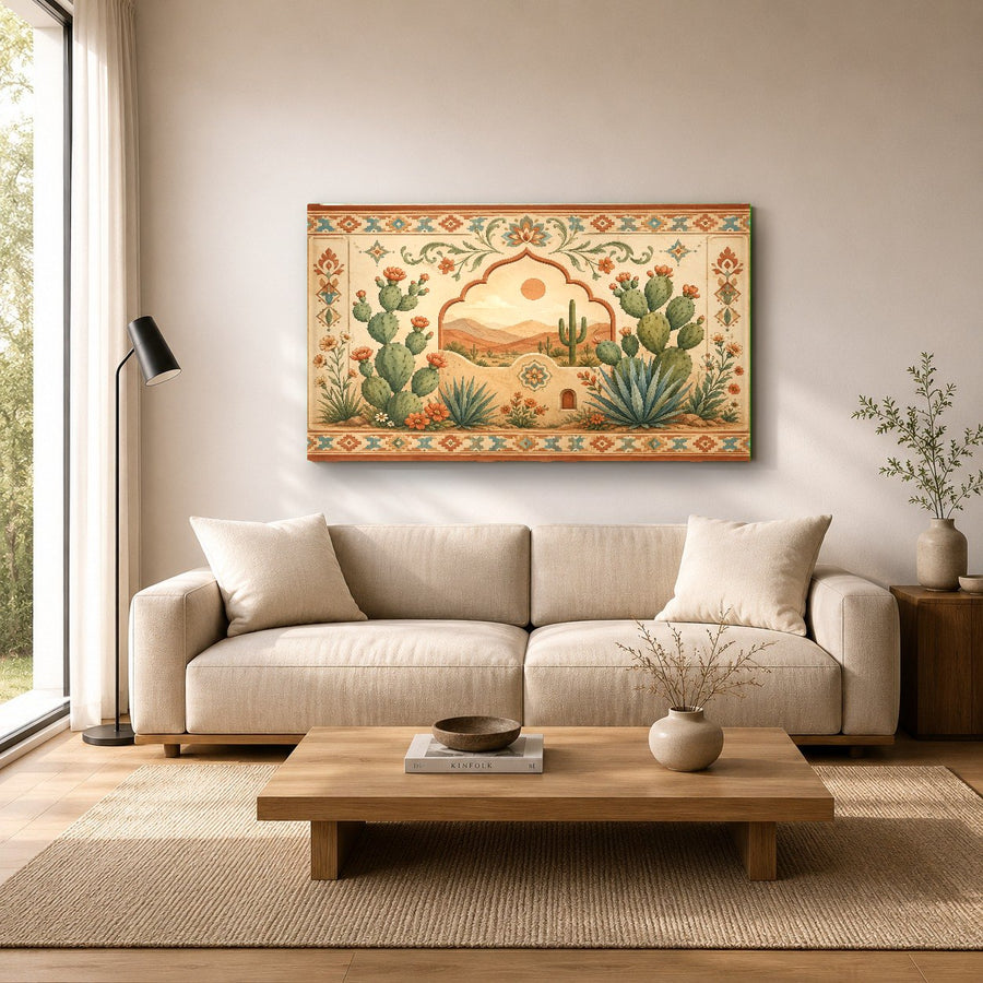 Large desert sunset arch glass print in an upscale hotel lobby interior