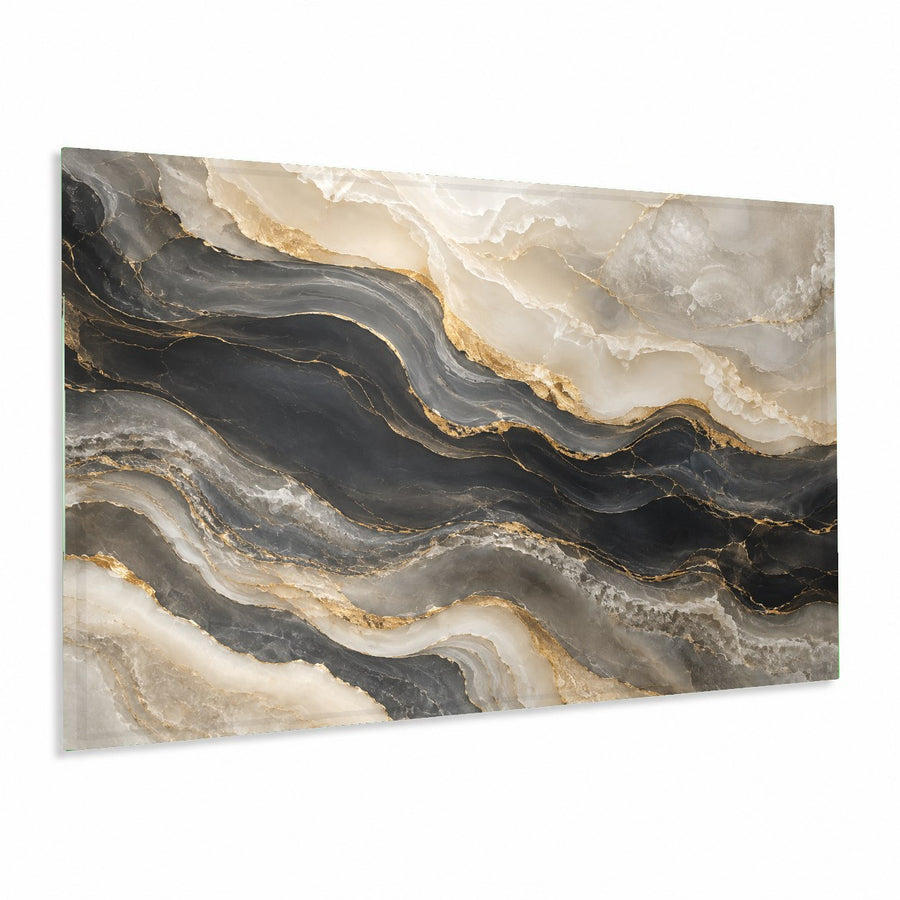 Golden Onyx Glass Wall Art hanging above a modern minimalist sofa in a luxury living room