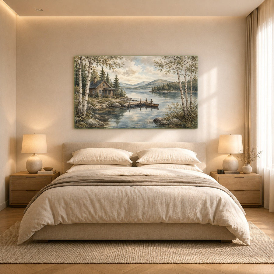 Large lake landscape glass artwork displayed in a luxury hotel lobby overlooking a scenic window view.