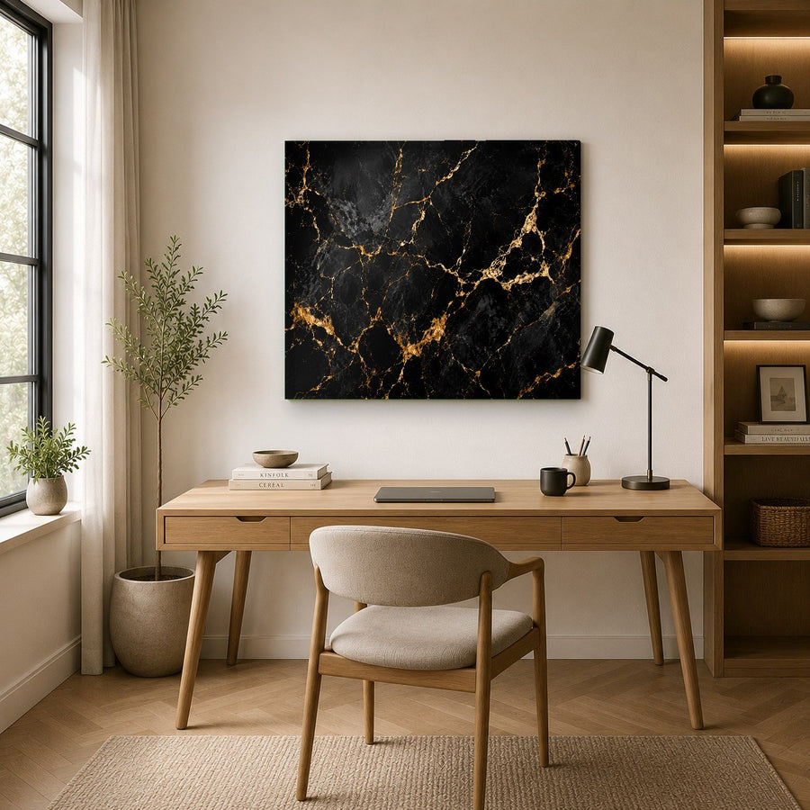 Luxury black and gold tempered glass wall art styled in a contemporary dining room setting.