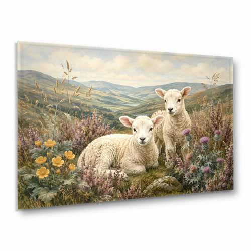 Lambs glass wall art hanging above a rustic wooden console table in a living room