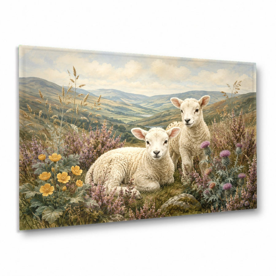 Lambs glass wall art hanging above a rustic wooden console table in a living room