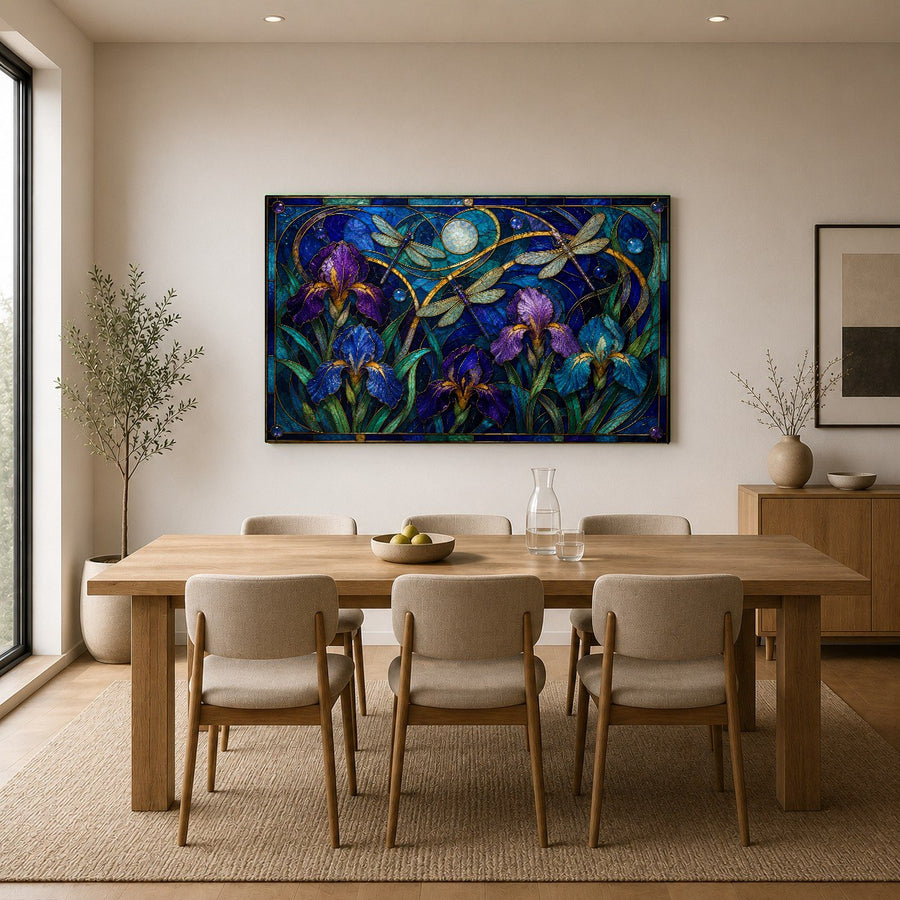 Elegant purple iris glass wall art decorating a serene spa waiting room with warm ambient lighting.