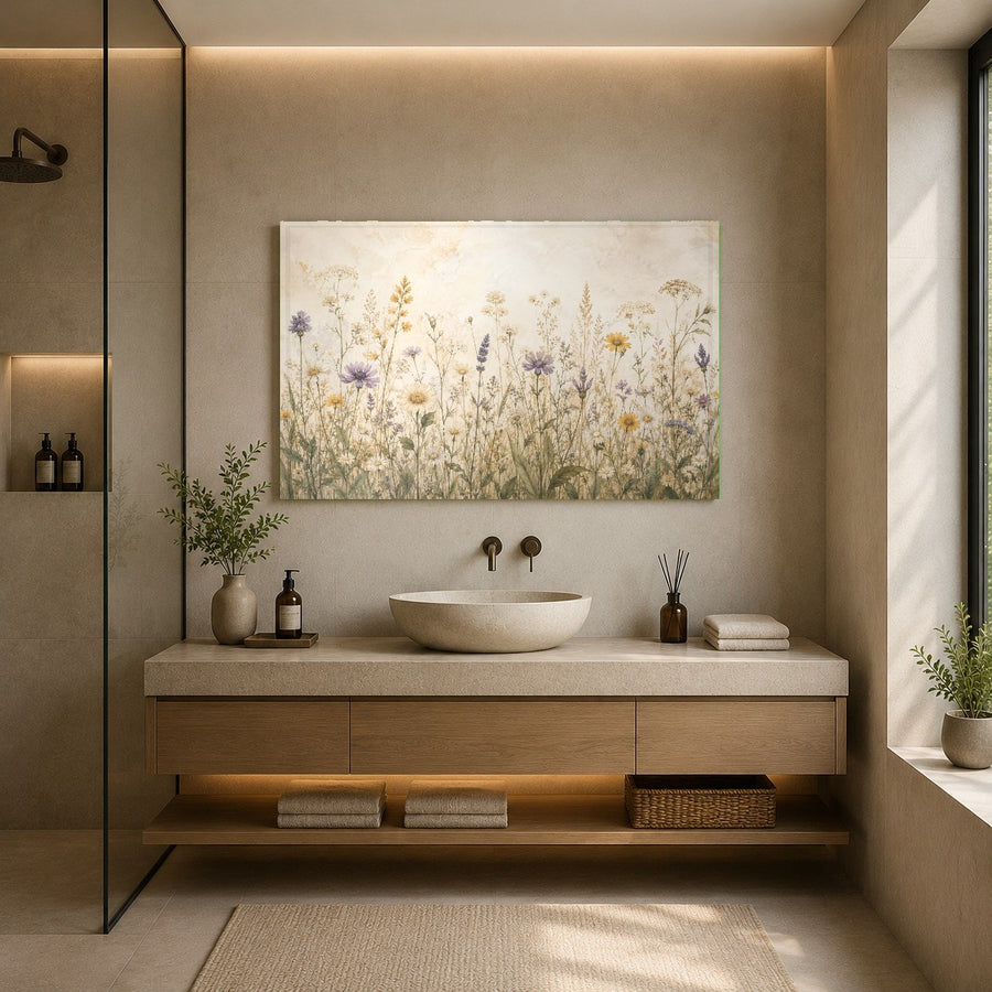 Bright wildflower meadow scene on tempered glass styling a luxury hallway with warm lighting.