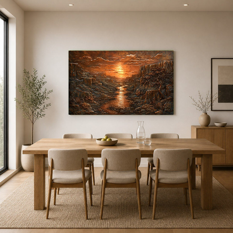 Large Copper Canyon tempered glass artwork creating a dramatic focal point in a contemporary office conference room.