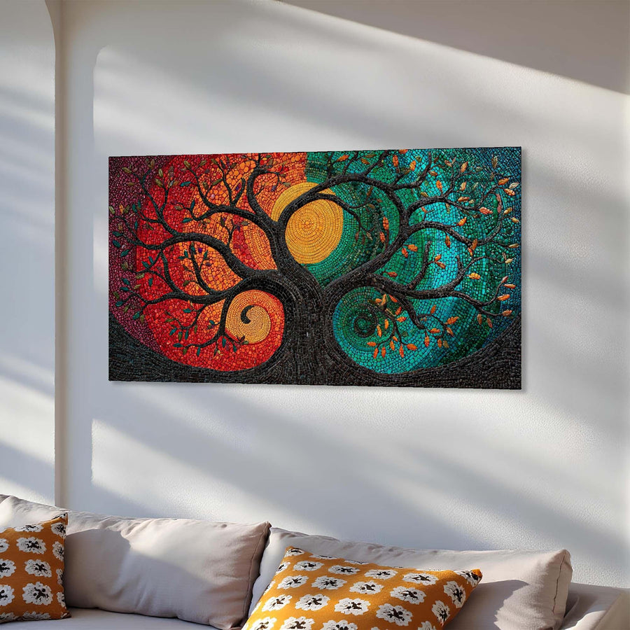 Colorful abstract wall art on a white wall above a sofa with patterned pillows.
