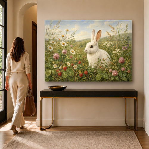 White Rabbit Glass Wall Art hanging above a modern minimalist living room sofa