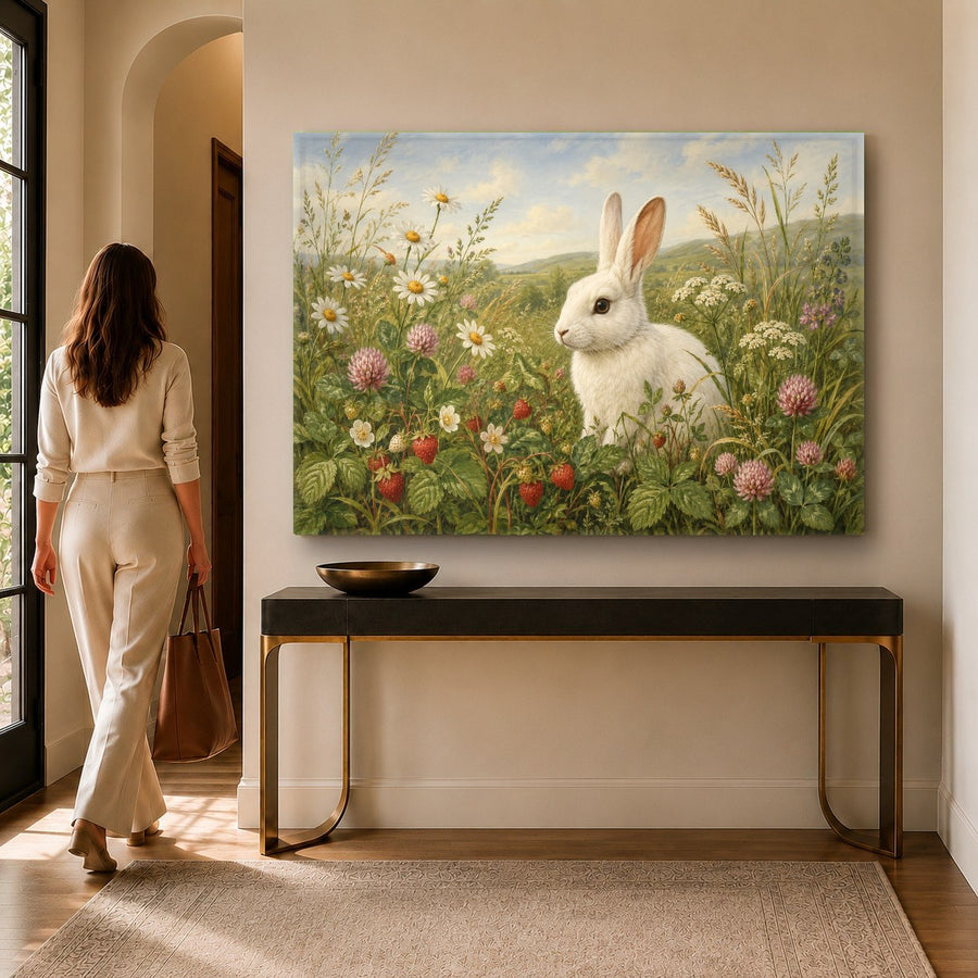 Whimsical bunny glass print displayed in a cozy bedroom with pastel accents