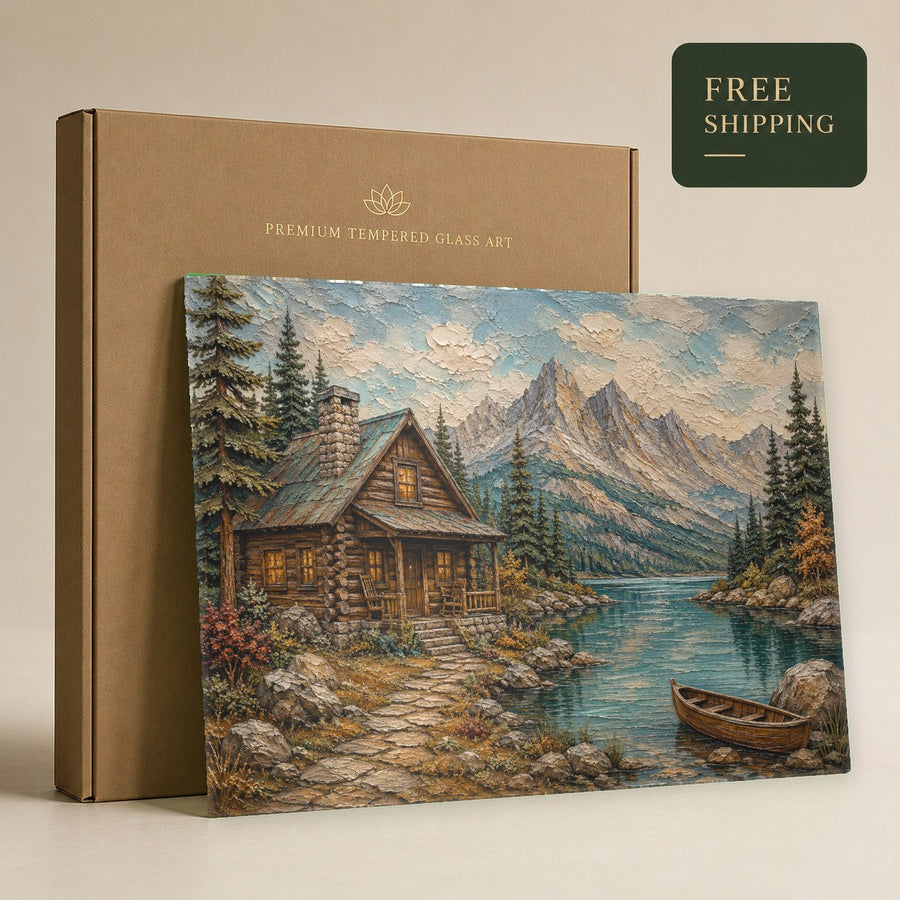 Misty mountain lake glass print mounted on a neutral hallway wall