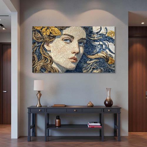 Mosaic art of a classical woman's face with gold and blue tones on a white background