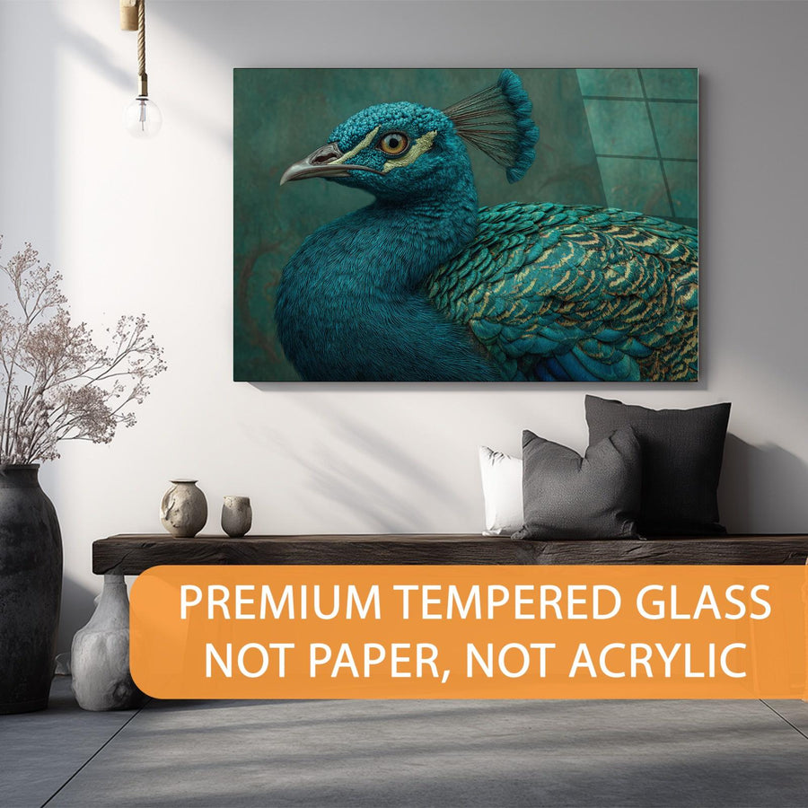 Peacock painting on a wall above a console table with decorative items.