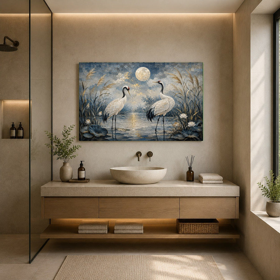 Chic apartment living room showcasing the large-format Moon Cranes glass print above a sleek media console.