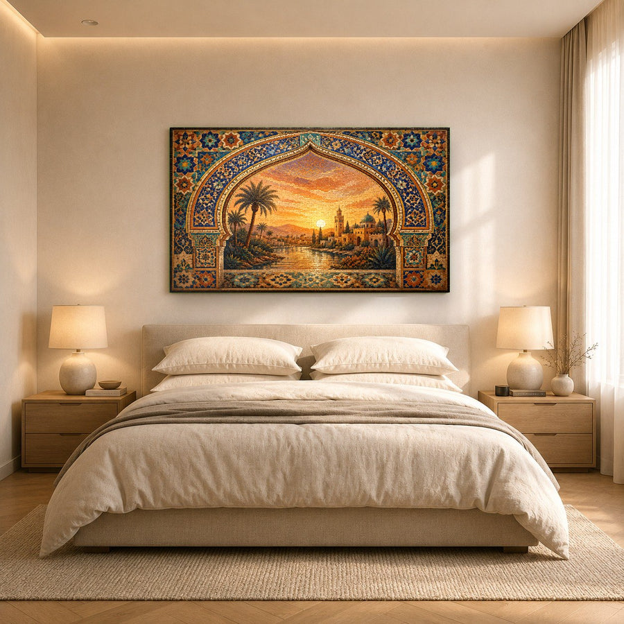 Luxury apartment hallway decorated with Sunset Oasis glass wall art under warm recessed LED lighting.