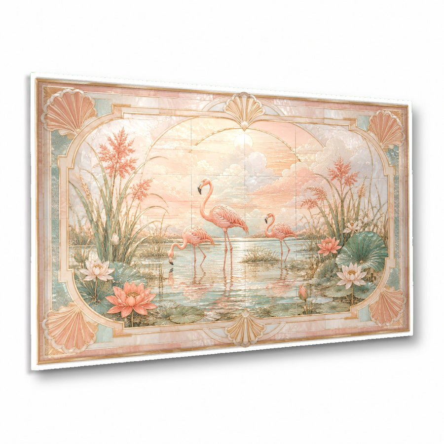 Pink Flamingos glass wall art hanging above a modern velvet sofa in a bright living room