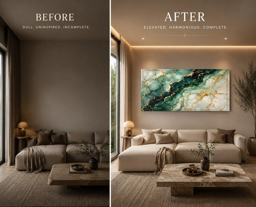 The Emerald Veins tempered glass print reflecting light beautifully in a bright, contemporary dining room setting.