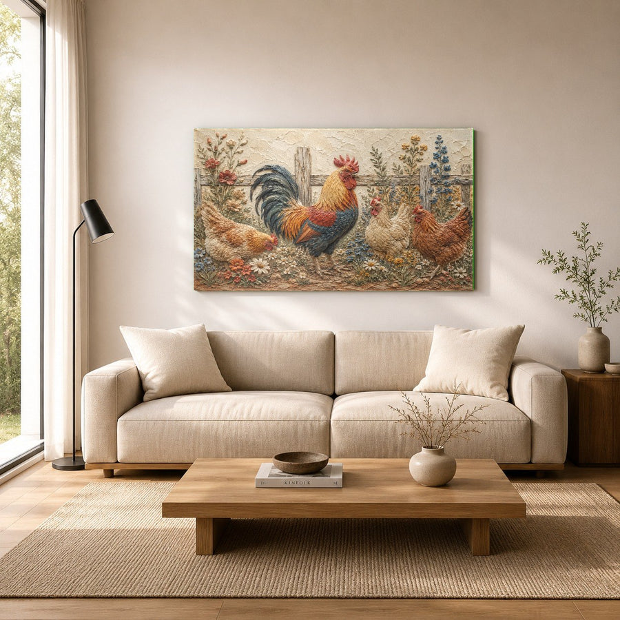 Close-up of tempered glass rooster art showcasing glossy surface and rich colors