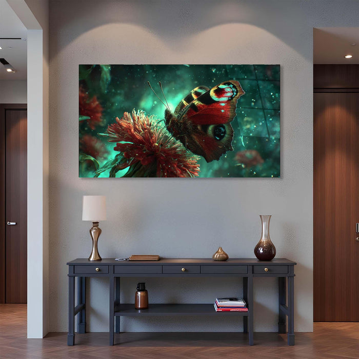 Butterfly on Red Flower Tempered Glass Wall Art | Custom Large Glass Wall Art for Living Room