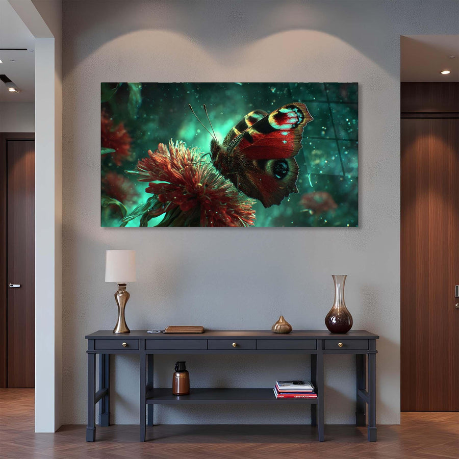 Framed artwork of a butterfly on a flower above a console table in a room.