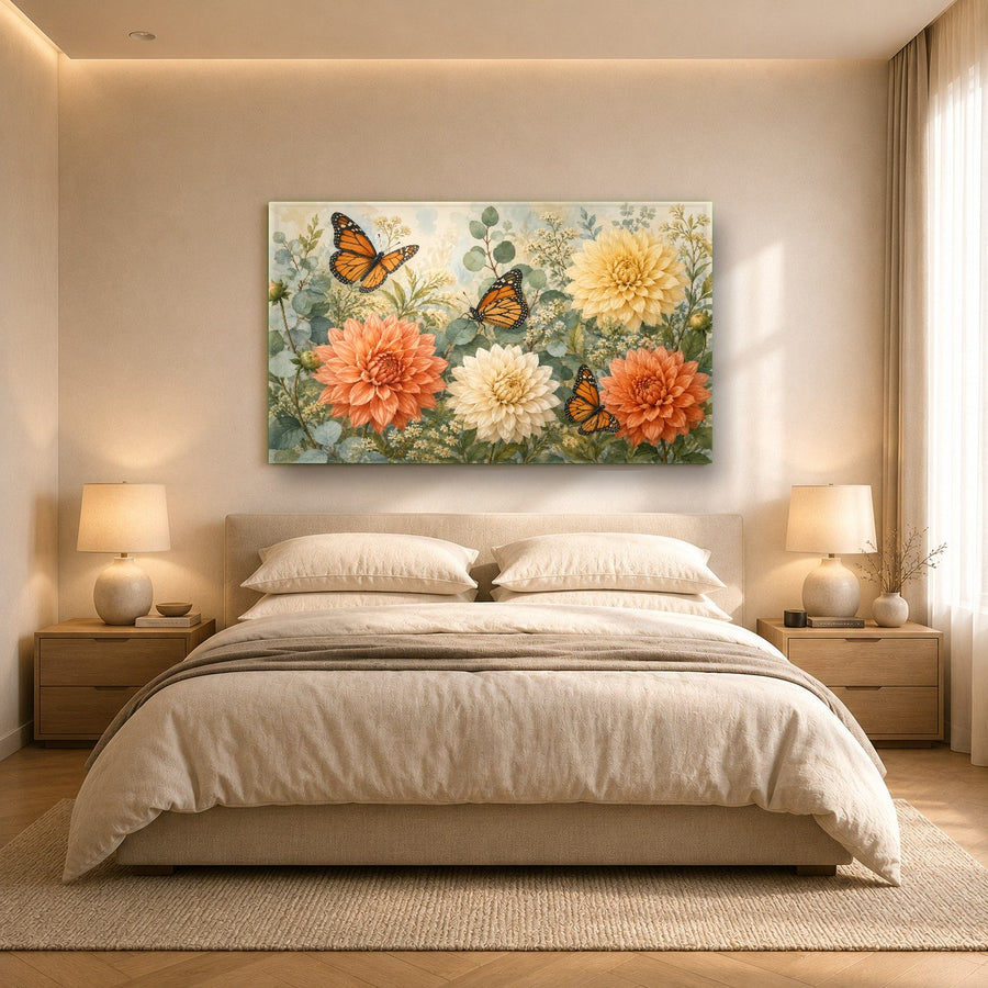 Oversized butterfly and flower tempered glass print in a minimalist interior