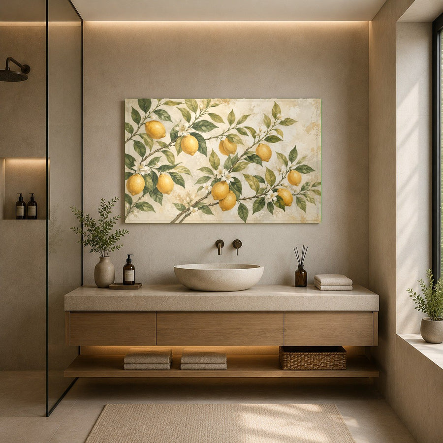 Large scale Lemon Grove glass print featured on a dark accent wall in a luxury boutique hotel lobby.