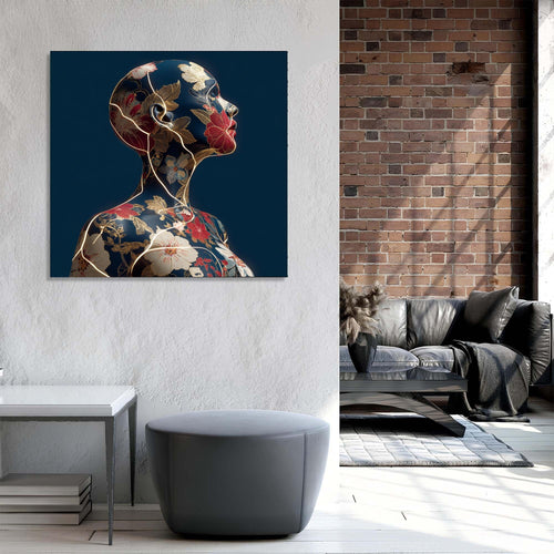 Artistic depiction of a woman's profile with floral patterns on a dark blue background
