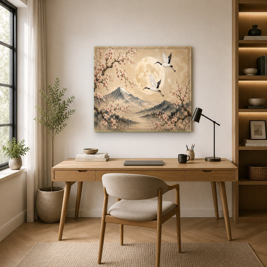 Minimalist living room mockup featuring the Moon Cranes glass wall art above a wooden console table.