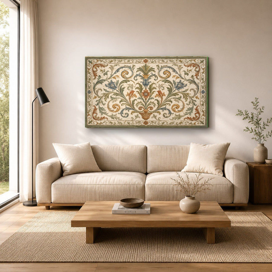 Stunning Turkish tile glass artwork hanging in a luxury spa bathroom setting with natural stone tiles.