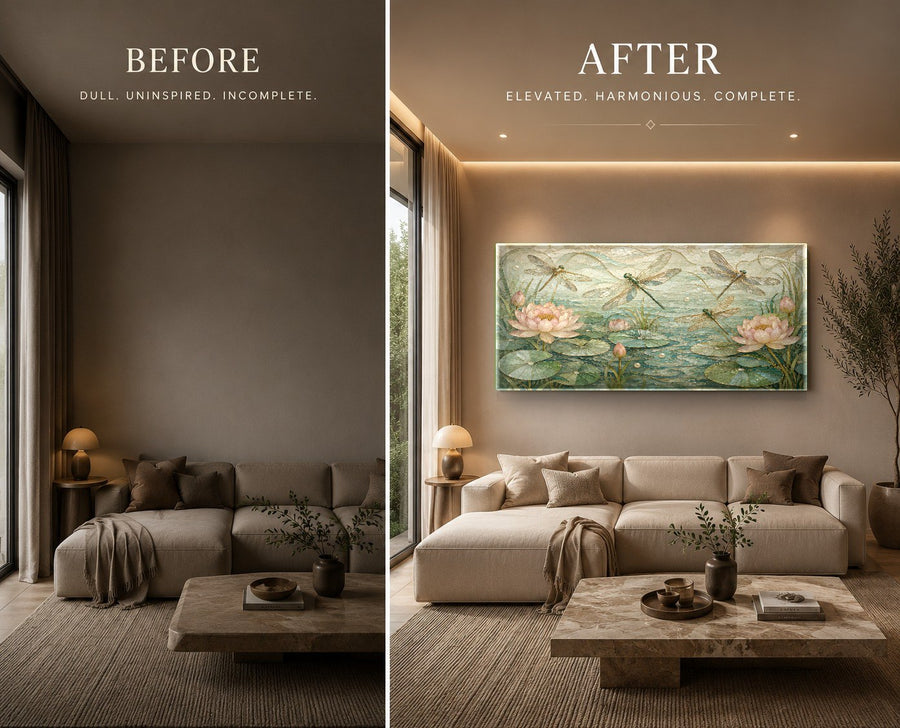 A spacious office featuring a large golden dragonfly tempered glass art piece mounted on a dark accent wall.