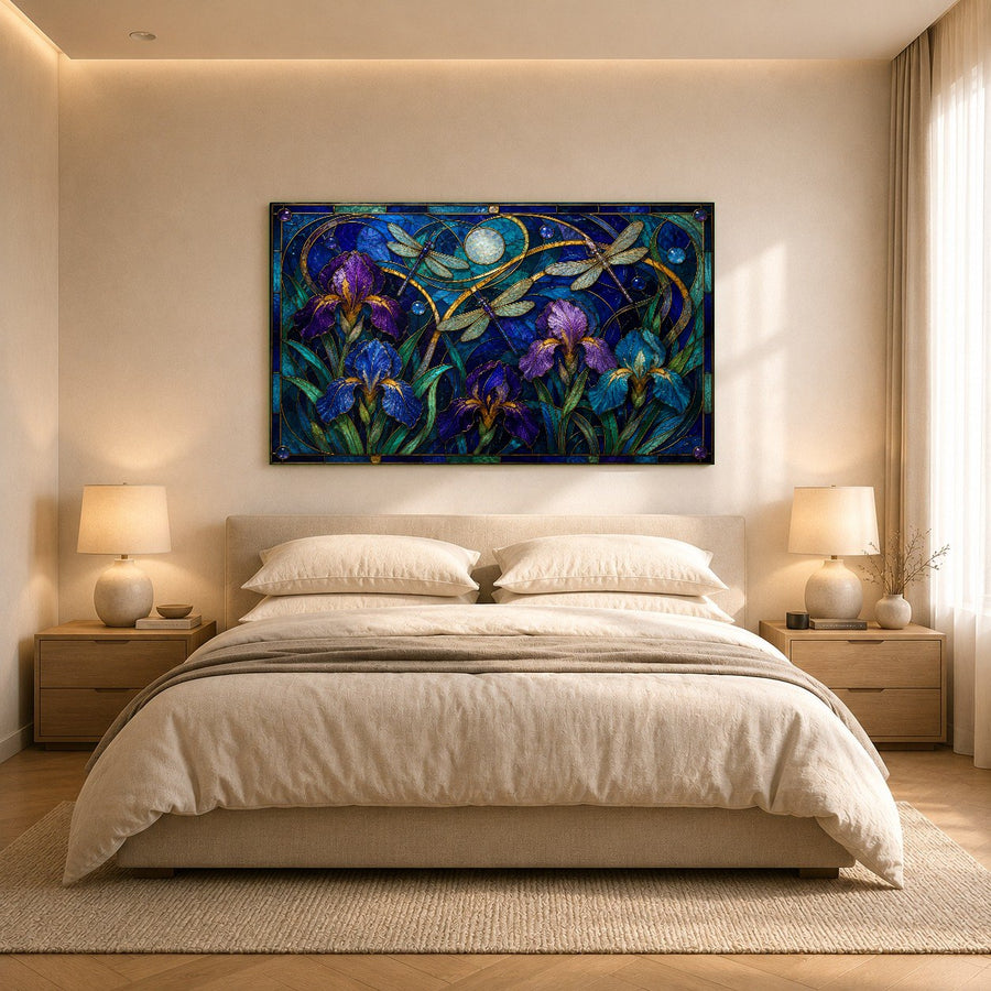 Luxury bathroom interior with the moisture-resistant floral glass art hung above a freestanding tub.