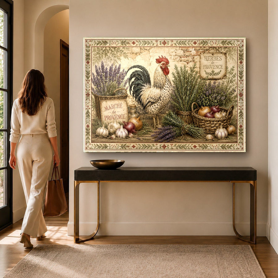 Farmhouse Tempered Glass Print displayed in a bright, modern country kitchen