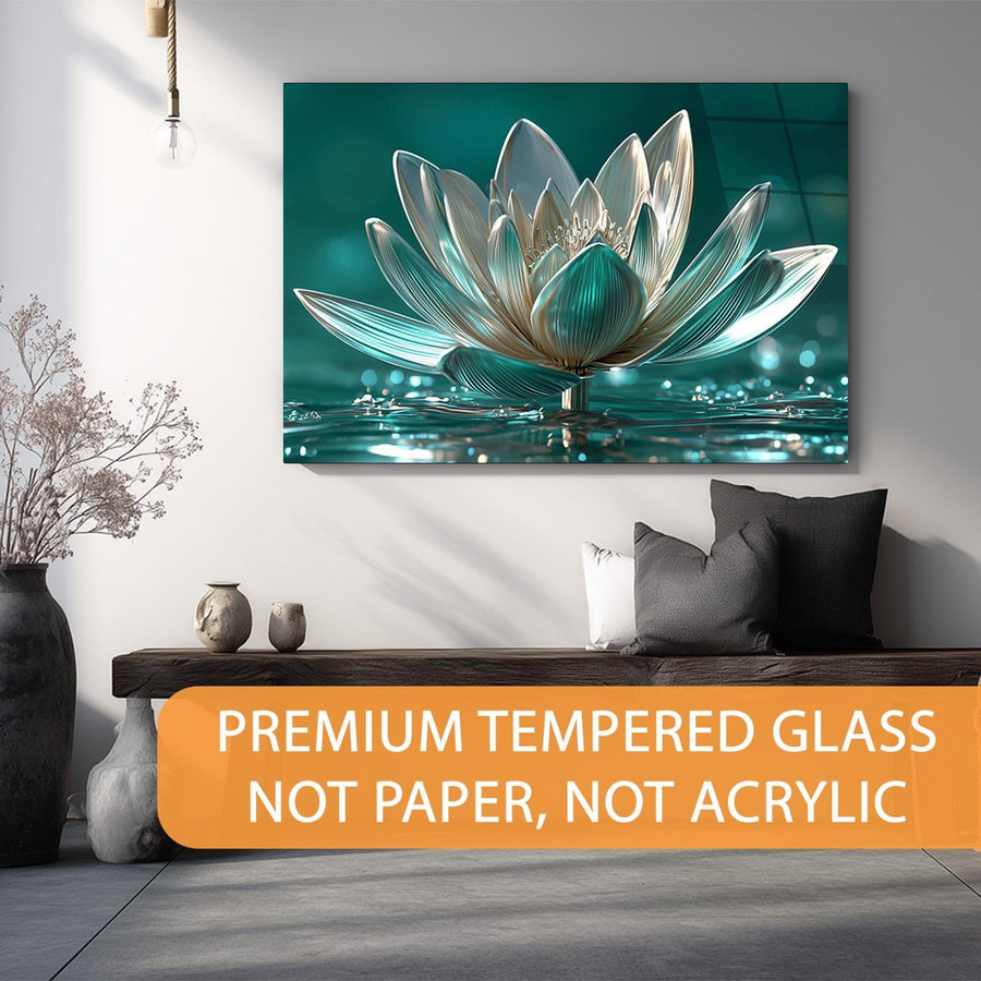 Wall art of a lotus flower with decorative pillows and vases in a living room setting.