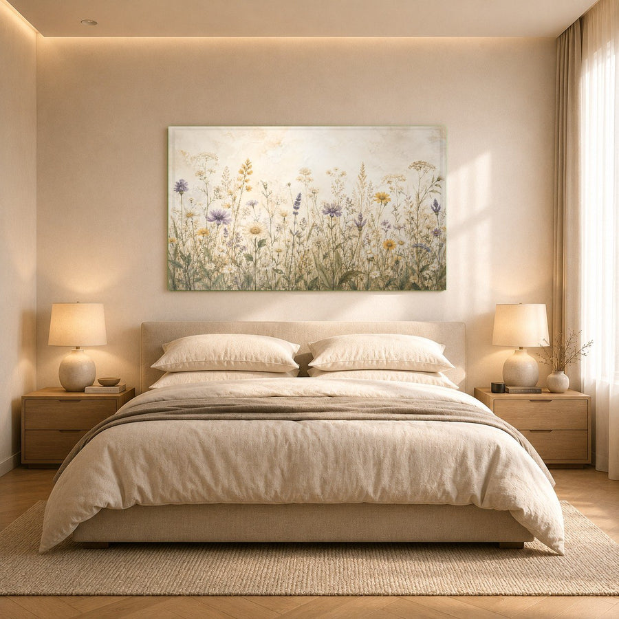 Wide shot of a large wildflower glass art print as a focal point in a modern, open-concept condo.