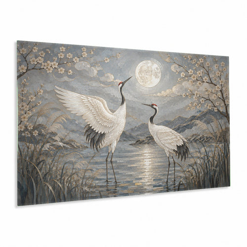 Moonlit Heron glass wall art hanging above a modern blue sofa in a serene coastal-style living room.