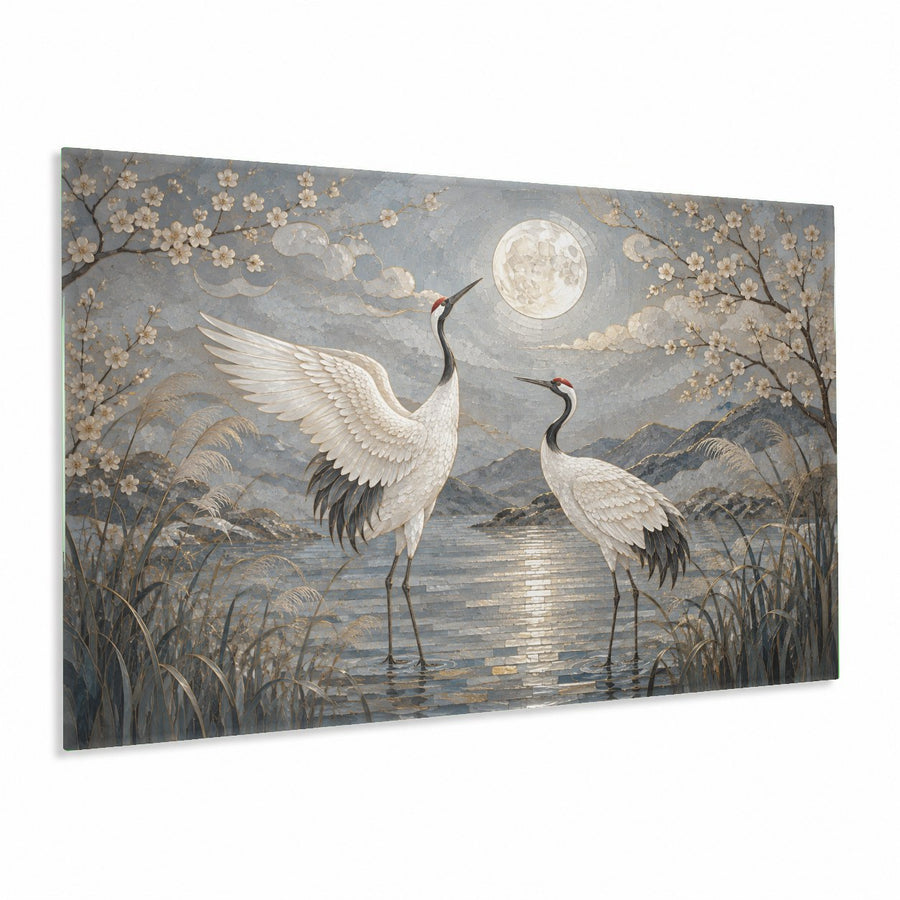 Moonlit Heron glass wall art hanging above a modern blue sofa in a serene coastal-style living room.
