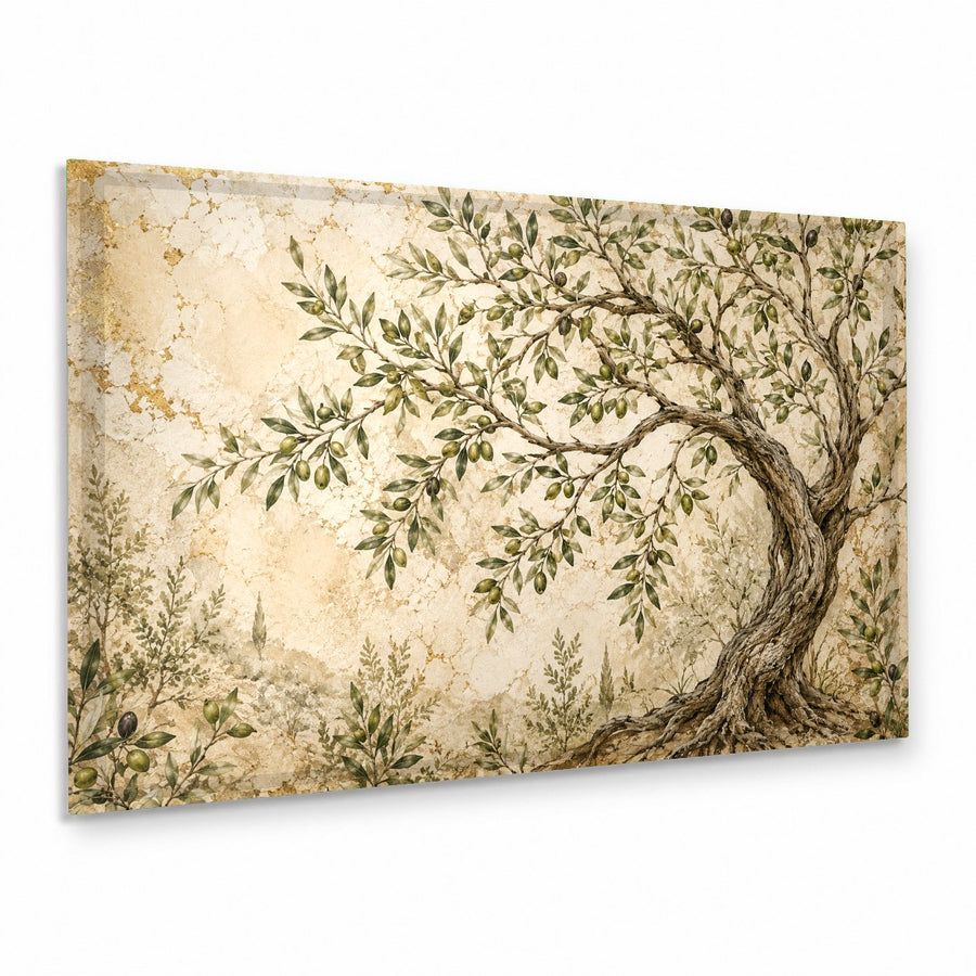 An Olive Fresco glass wall art piece hanging above a rustic wooden dining table in a sunlit Mediterranean-style room.