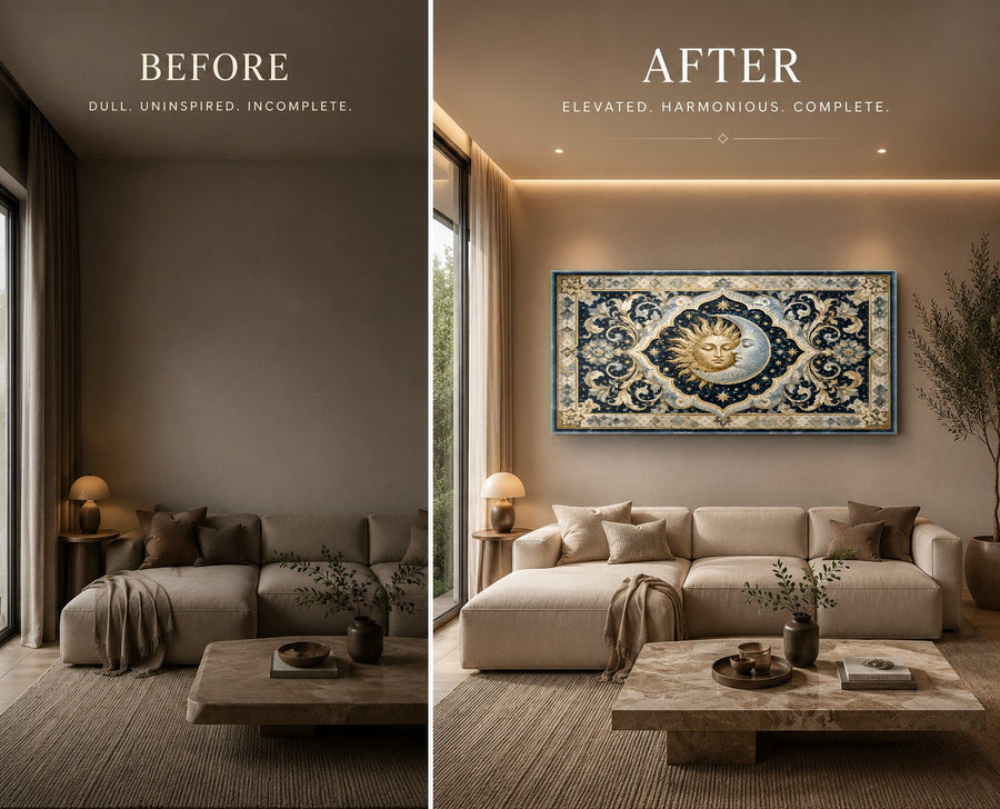 A mystical sun and moon glass art piece centered on a dark accent wall in a cozy, modern bedroom.
