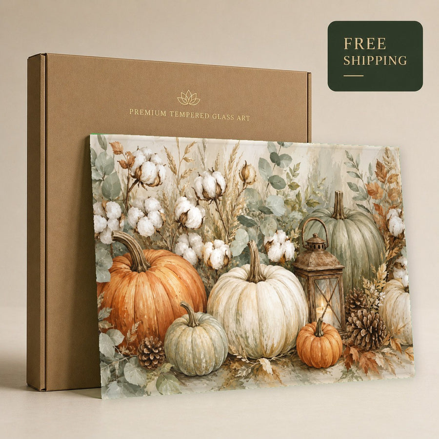A beautiful fall pumpkin glass art piece creating a warm ambiance in a luxury spa waiting room.