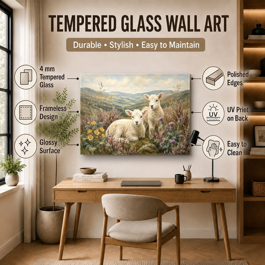 Rustic animal art print mounted on a neutral beige wall in a calm home office