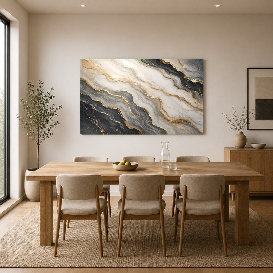 A luxury wellness spa waiting area decorated with the soothing Marble Flow glass wall art on a stone wall.