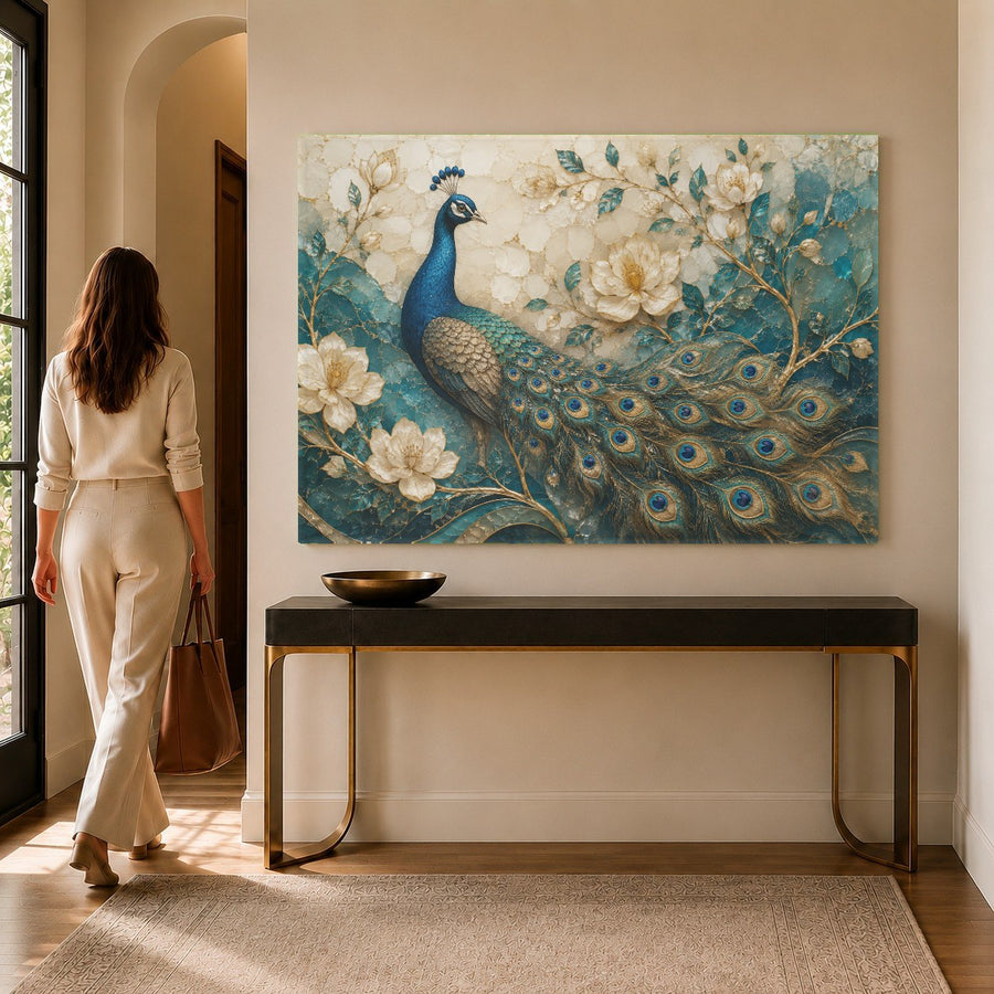Detailed close-up of the vibrant blue and green feathers on the tempered glass peacock artwork.